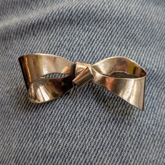 MCM christmas Sterling Silver Bow Brooch Mid Century Modern Coat Pin Minimalist - Picture 6 of 8